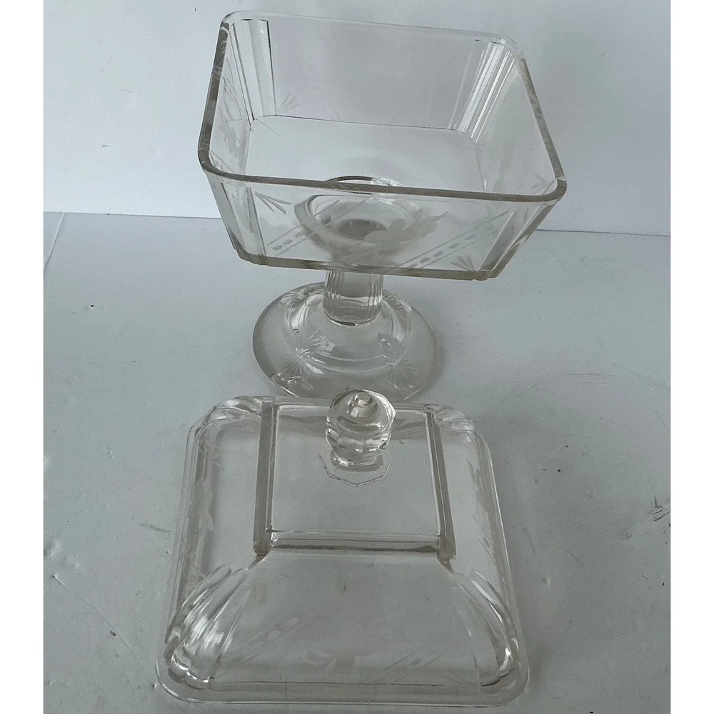 Vintage Glass Pedestal‎ Candy Dish Etched Floral Square Lidded Clear